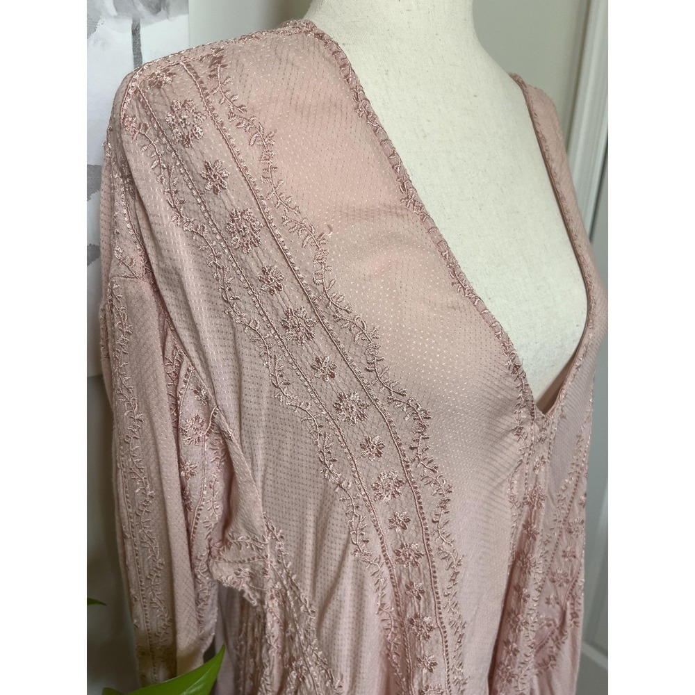 Free People Top Womens XS Pink Embroidered Tunic Deep V Boho Cottage Fairy - Picture 4 of 8